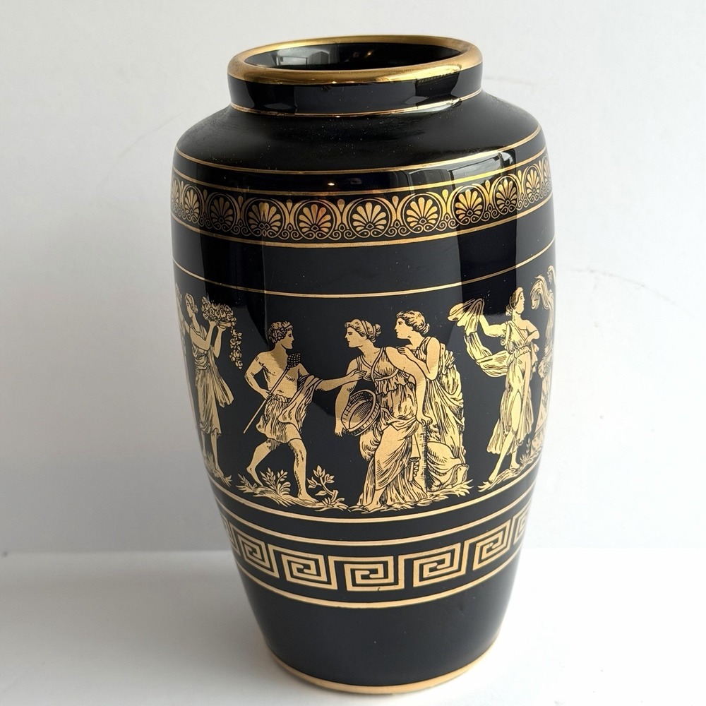 VTG Stella Greek Vase Hand Made in Greece Pottery 24K Gold Trim 7.5" tall‎